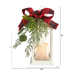 Nearly Natural 12-in Holiday White Lantern With Berries, Pine And Plaid Bow Artificial Christmas Table Arrangement With LED Candle Included
