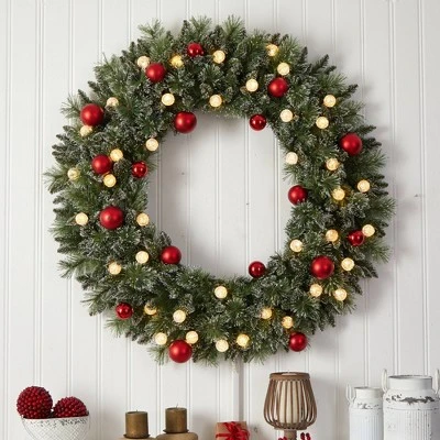 Nearly Natural 48" Pre-lit LED Decorated Frosted Pine Artificial Christmas Wreath Green With Warm White Lights 5 Nearly Natural 48" Pre-lit LED Decorated Frosted Pine Artificial Christmas Wreath Green With Warm White Lights - Image 3