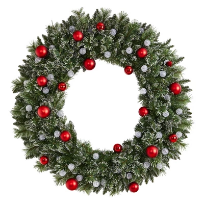 Nearly Natural 48" Pre-lit LED Decorated Frosted Pine Artificial Christmas Wreath Green With Warm White Lights 4 Nearly Natural 48" Pre-lit LED Decorated Frosted Pine Artificial Christmas Wreath Green With Warm White Lights - Image 2