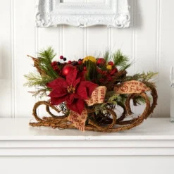 Nearly Natural 18-in Christmas Sleigh With Poinsettia, Berries And Pinecone Artificial Arrangement With Ornaments -Christmas Decorations GUEST 5dd196c5 2c79 4ff2 a773 c5363eb9cd38