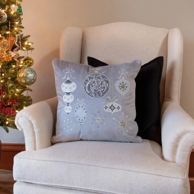 16.5"x16.5" Indoor Christmas 'Velvet Ornaments' Gray Square Throw Pillow - Pillow Perfect 5 16.5"x16.5" Indoor Christmas 'Velvet Ornaments' Gray Square Throw Pillow - Pillow Perfect - Image 3