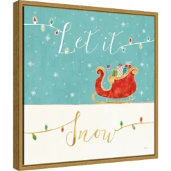 16" X 16" Let It Snow Christmas Sleigh By Veronique Charron Framed Canvas Wall Art - Amanti Art