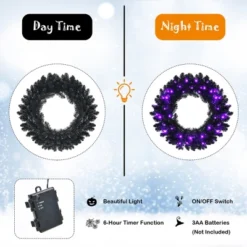 Costway 24inch Pre-lit Christmas Halloween Wreath Black W/ 35 Purple LED Lights -Christmas Decorations GUEST c504a4e5 17e5 4dd9 8988 0132e72a6974
