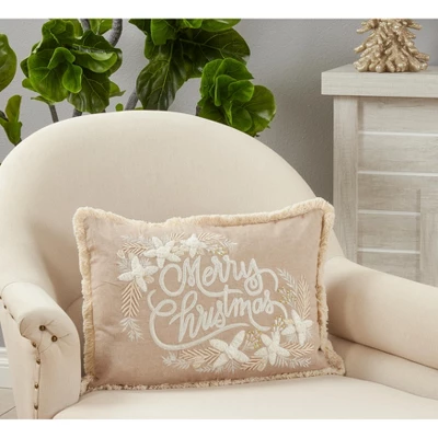Saro Lifestyle Embroidered Merry Christmas Pillow - Down Filled, 14"x20" Oblong, Natural 4 Saro Lifestyle Embroidered Merry Christmas Pillow - Down Filled, 14"x20" Oblong, Natural - Image 2