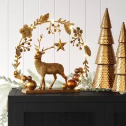 15" Battery Operated Lit Deer And Foliage Christmas Decorative Sculpture - Wondershop™ Gold