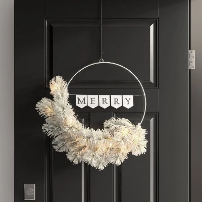 20" Battery Operated Lit Flocked Mixed Greenery On 'Merry' Metal Hoop Artificial Christmas Wreath White - Wondershop™ 3 20" Battery Operated Lit Flocked Mixed Greenery On 'Merry' Metal Hoop Artificial Christmas Wreath White - Wondershop™