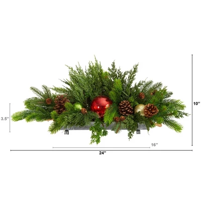 Nearly Natural 24-in Cedar Pine, Pinecones And Ornaments Artificial Christmas Arrangement In Tin Vase 3 Nearly Natural 24-in Cedar Pine, Pinecones And Ornaments Artificial Christmas Arrangement In Tin Vase